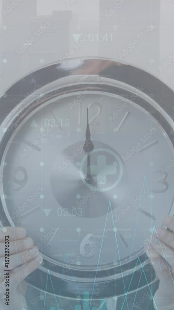 Poster animation of data processing over hands with clock