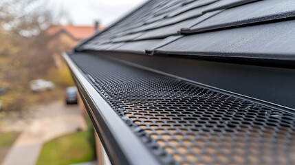 Close-up of a home's gutter system showcasing a leaf guard on an overcast day. Roofing shingles provide visual texture and depth.