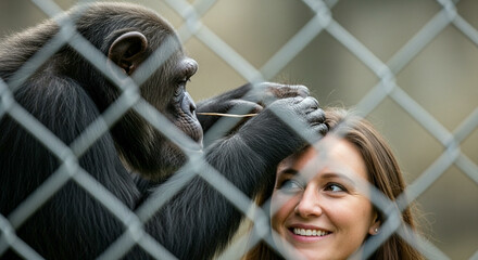 Zookeepers Interacting with a Chimpanzee Behind Bars