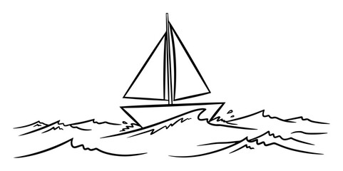 simple sailboat on waves outline line art