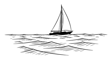 sailboat on sea waves hand drawn sketch illustration