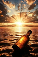 The sun casting long golden rays through the clouds over a calm ocean, styled for warmth