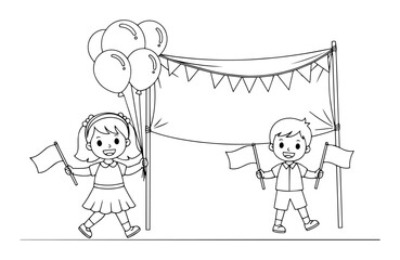 children at festival parade with flags and balloons coloring page