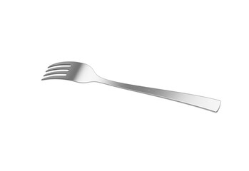 A sleek stainless steel fork with a reflective finish and a slightly curved handle. 3D Illustration