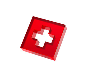 Obraz premium 3D Red first aid icon with a white cross, symbolizing medical help and healthcare. 3d illustration