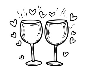 two wine glasses toasting with hearts romantic doodle vector