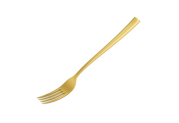 A sleek gold-plated fork with a reflective finish and a slightly curved handle. 3D Illustration