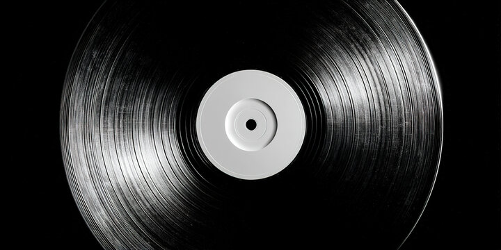 A striking vinyl record sits against a dark background, highlighting its textured grooves and reflective surface for music lovers.