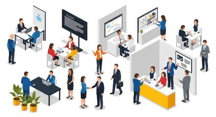 Isometric view of office environment with various activities and meetings