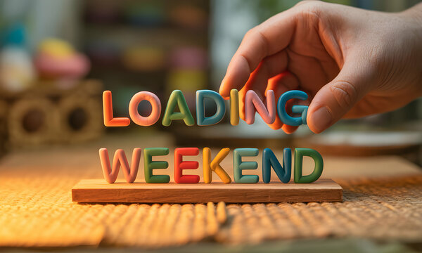 A hand assembles the words 'Loading Weekend' with colorful letters, creating a fun concept of anticipation for relaxation and time off