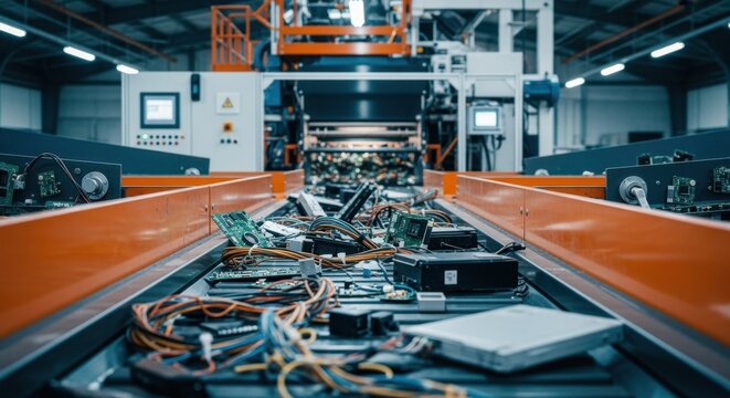 Electronic waste like computer circuit boards, hard drives and cables are moving on a conveyor belt towards an industrial shredder for recycling and resource recovery