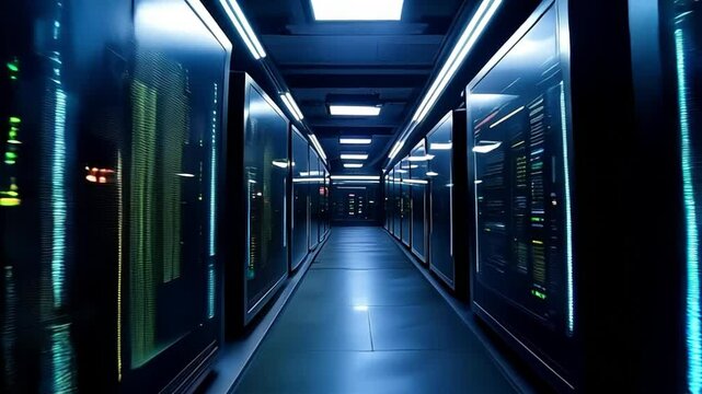 Illegal data center running in complete darkness, only illuminated by the glow of LED indicators and terminal screen. Dont generate any people 