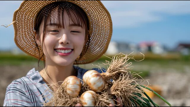 採れたての新玉ねぎを手に、はにかむように微笑む農業女子