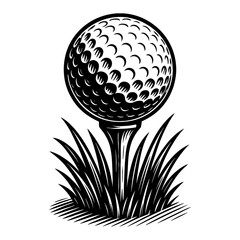 Golf Ball on Tee in Grass Sports Game Play Black and White Outline Line Art Drawing Vintage Style