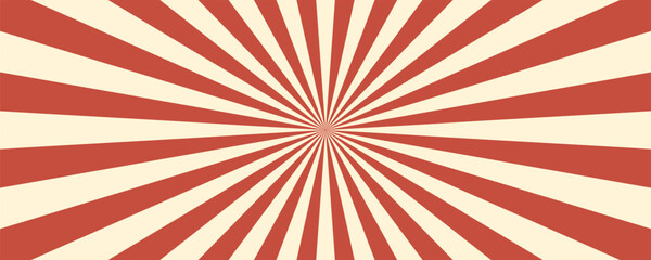 Circus vintage tent background. Retro sun rays pattern. Vintage starburst poster. Star burst radial lines texture. Red stripes. Circus, carnival, summer fair backdrop. Vector illustration.