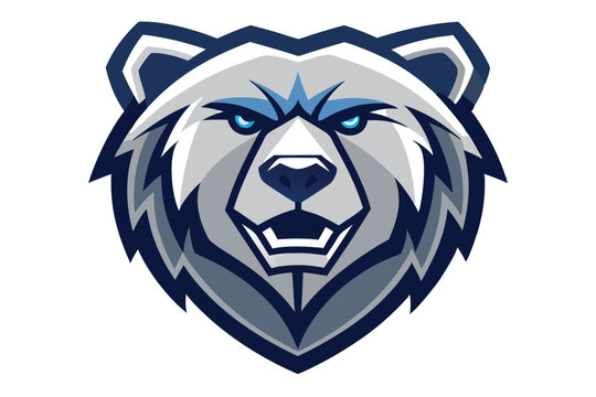 Ferocious grizzly head shows a formidable mascot with bright piercing blue eyes here