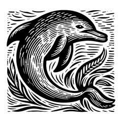 Dolphin Jumping in Water Black and White Outline Line Art Drawing Woodcut Engraving Illustration