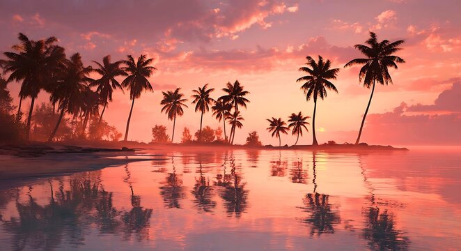 Serene tropical beach at sunset with vibrant pink and orange clouds and palm tree silhouettes reflected in calm water