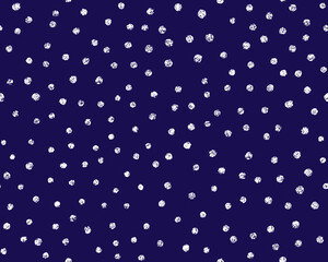 Crayon polka dot seamless pattern. Cute doodle space stars texture. Hand drawn chalk scribble snow background. Baby kids seamless pattern. Vector illustration isolated on blue background.