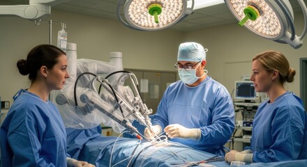 Surgical team performing minimally invasive robotic surgery using advanced technology in a modern operating room, enhancing precision and patient outcomes