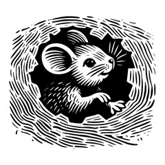 Adorable Mouse Peeking Out From Dark Hole in a Detailed Vintage Black and White Outline Line Art Drawing Engraving