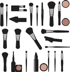 Vector makeup product illustration set: various beauty essentials including brushes, lipstick, and compact powder. Perfect for cosmetics, fashion, and beauty industry designs.