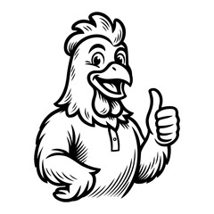 Naklejka premium Happy Rooster Chicken Mascot Character Giving Thumbs Up Gesture in Black and White Outline Line Art Drawing