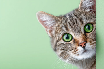 Obraz premium A cat with green eyes is peeking out from behind a wall