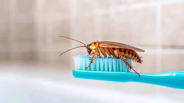 A cockroach crawls across a blue toothbrush in a bathroom setting. Hygiene and pest control come to mind.