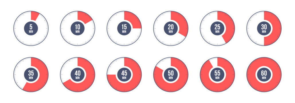 Countdown timer, clock, stopwatch vector icons set. Full rotation arrow timer. 5 minute to 1 hours stopwatches. Collection of timers in flat style isolated on white background. Vector illustration.