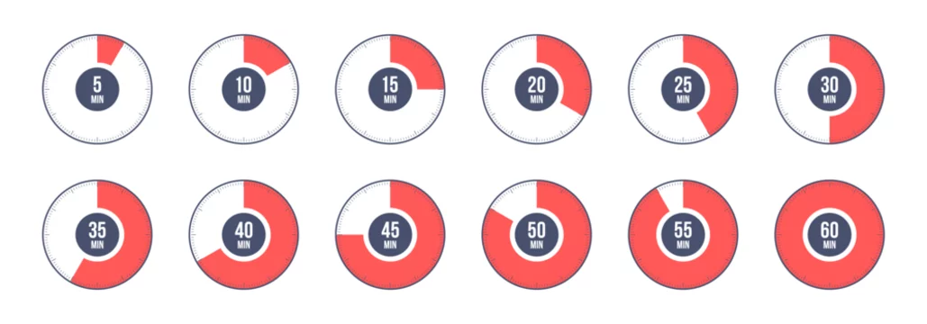 Countdown timer, clock, stopwatch vector icons set. Full rotation arrow timer. 5 minute to 1 hours stopwatches. Collection of timers in flat style isolated on white background. Vector illustration.