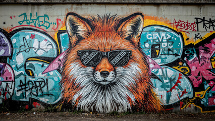 Vibrant fox character in sunglasses amid urban graffiti