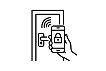 Obraz premium Hand holding phone with lock screen near smart door handle for secure access system illustration