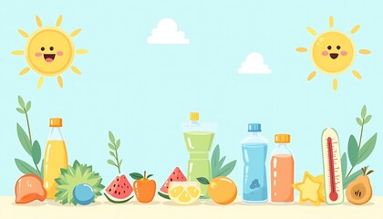 Vector illustration set of colorful spring and summer nature icons: fresh juice, fruit, flower, and beach designs