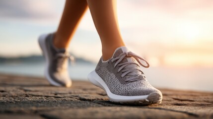 Focus on a womans legs in motion wearing sleek sport shoes highlighting dynamic movement and determination against a soft blurred natural background ideal for fitness promotional materials.