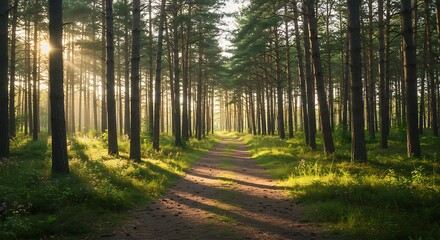Obraz premium Summer panoramic view of a pine forest with a walking path winding through the park