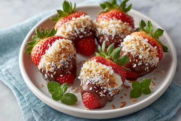 A plate of strawberries with coconut on top
