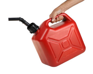 A hand holds a red plastic fuel canister with a spout. The background is transparent, emphasizing the canister's shape and color.