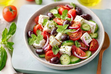 A bowl of salad with tomatoes, cucumbers, and olives