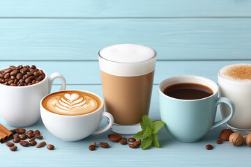 A row of coffee cups with different flavors and a green leaf on one of them