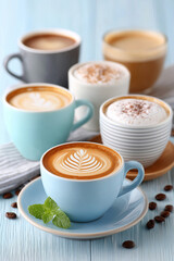 A blue coffee cup with a green leaf on it