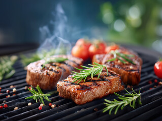 Three pieces of meat are on a grill with some herbs and tomatoes