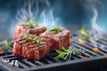 Three pieces of meat are on a grill with herbs and spices