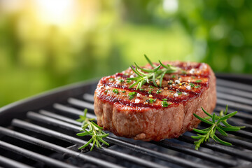A piece of meat is on a grill with some herbs on top