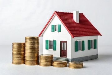 Real estate investment: house model and stack of coins isolated in white background