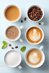 A row of white coffee cups with different flavors and toppings