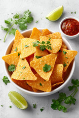 A bowl of tortilla chips with lime wedges and cilantro