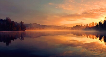 Fototapeta premium Serene lake at sunrise with golden clouds and mist rising over the distant forested hills reflecting in the calm water
