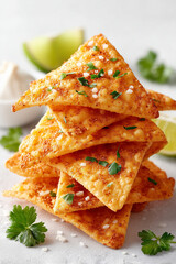 A stack of tortilla chips with cilantro on top