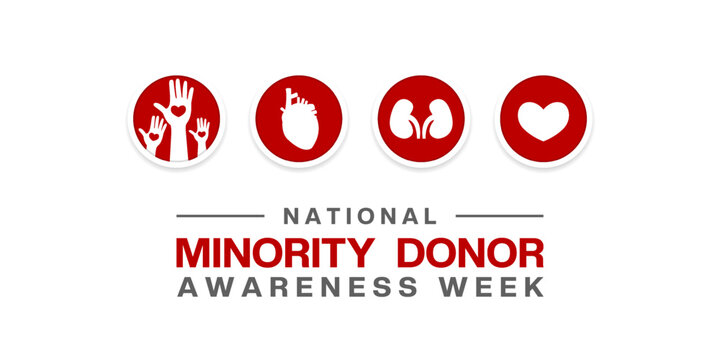 August is National Minority Donor Awareness Week. Hand, heart, kidney and heart. Suitable for posters, banners and social media. White background. - Powered by Adobe